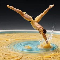 olympic diver made of pasta diving into a pool of pasta, splash, art deco intricate ripples, fantasy, elegant, highly detailed, sharp focus, art by artgerm and beeple and greg rutkowski and wlop