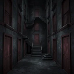 a terrifying dark hallway with many doors and many stairs, impending doom, Mc Escher architecture, epic composition, by Junji Ito
