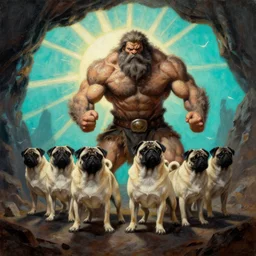 muscular pug army dogs as barbarian hunters  full hairy body fighting pose , sun rays , big shadows, small bird sihouettes  in cyan background , very textured detailed  oil painting by rembrandt , hard backlight , in dark cave