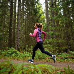 Woman running in a beautiful canadian forest