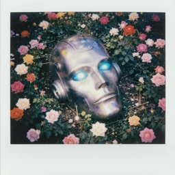 a giant male robot head resting in a field of multicolored iridescent flowers, rose, polaroid, 1 9 8 0 s, motion blur, bioluminescent, grainy, expired film, aerial view