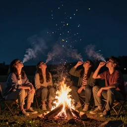 friends sitting around a campfire and burping up iridescent fireflies.