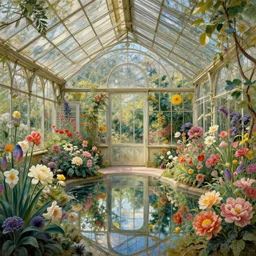 a beautifull intricate greenhouse with many flowers, reflexions, verry high details by william turner art, greg rutkowski and alphonse mucha, trending on artstation, very very detailed, masterpiece, - h 1 2 8 0 - w 6 4 0