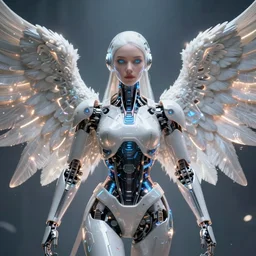 ultra detailed portrait of a futuristic cybernetic angel with glowing robotic wings, front view, by tom bagshaw and anna dittman, perfect eyes and face, wide angle, biomechanical robot, deep depth of field, artstation, 8 k