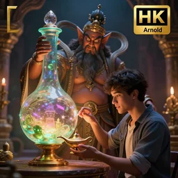 The great genie in the bottle demonstrates enormous magical powers stunning the young man who just released him from the lamp. Intricate details, photo realistic, award winning, dramatic lighting, award winning, depth of field, UHD 8K. Rendered with autodesk arnold unreal engine octane render Lumion Blender Maxwell.