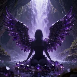 a cinematic render of a silhouette with wings surrounded by amethysts, sitting in a mystical waterfall cave, lilac sunrays, highly detailed matte painting, 8 k