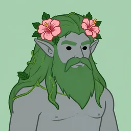 male firbolg druid with vines and hibiscus flowers as hair simple drawing, pointy ears, gray skin, long beard, dungeons and dragons, comic style