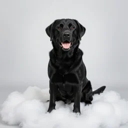 A very happy black labrador sitting on a cloud and smiling, misty environment
