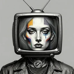 cypherpunk fashion illustration, television head, abstract portrait, ultra detailed, fine detail