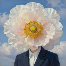 closeup, giant flower head, woman in suit, clouds in sky, surreal, impressionist painting, digital painting, artstation, rob gonsalves