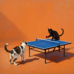 Dos gatos jugando al ping pong sobre fondo naranja, oil painting
