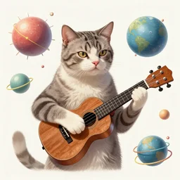 variations of Schrodinger's cat playing the ukelele, many-worlds interpretation of quantum reality, digital art