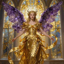 breathtaking detailed soft painting of a fairy princess with amethyst wings and golden ribbons in gondor, art nouveau golden rose dress floating around, detailed symmetrical facial features, by loputyn and matche, hyper detailed gold stained glass windows, volumetric lighting, concept art, matte, sharp focus, rembrandt style