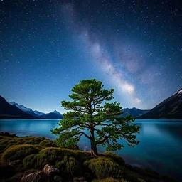 beautiful landscape photography by marc adamus, patagonia, a lake, a tree in the foreground, night, milky way