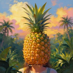 closeup, big pineapple head, girl surrounded by djungle, surreal photography, golden hour, colorful clouds, impressionist painting, digital painting, artstation, simon stalenhag