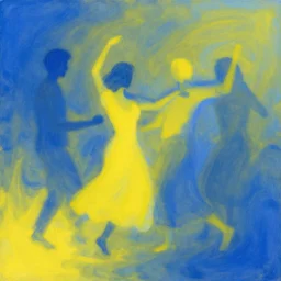 anxiety, longing, blue and yellow merging together, shapes of people dancing, emotional
