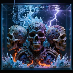3 d ornate carved dark cosmic skull with profile portrait, sigma 5 0 0 mm f / 5. beautiful intricate highly detailed aquarium bioluminescent, plasma, lava, ice, water, wind, creature, thunderstorm! artwork by tooth wu and wlop and beeple and greg rutkowski, 8 k trending on artstation