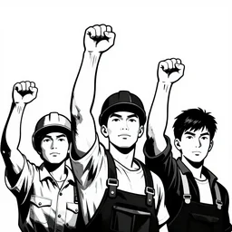 black and white, high contrast, pop art of a group of workers raising their fists