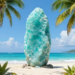 a great monolith made of the gemstone larimar rising from the ocean, tropical beach setting, trending on artstation,