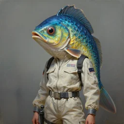 epic professional digital art of female human - fish hybrid animal wearing air force jumpsuit, humanoid fish head, painting, by leesha hannigan, iris van herpen, artstation, cgsociety, wlop, epic, much wow, much detail, gorgeous, detailed, masterpiece