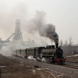 industrial mine, pollution, haze, baotou china, steam train,