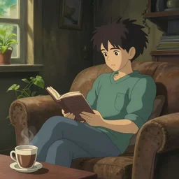 beautiful scene render of a person sitting at a sofa, looking at a book, dimly lit bedroom, hot cocoa drink, green plants, perfectly shaded, atmospheric lighting, style of makoto shinkai and peter mohrbacher, studio ghibli. artgerm, karol bak, beeple, animation style, 8 k hd, ultra wide angle, hyper detailed