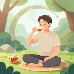 mr robert is drinking fresh tea, smoke pot and meditate in a garden from spiral mug, detailed smiled face, short beard, golden hour closeup photo, red elegant shirt, eyes wide open
