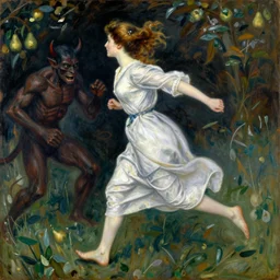 vintage beautiful painting of a woman running away from a pear demon in Mary Cassatt style