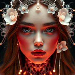 very up close symmetrical sci fi portrait of fashion elegant sophisticated of a translucent digital porcelain very beautiful cyborg lolita girl, dramatic lighting, ultra detailed ornate fractal dense neon wire decoration, radiant skin, rich luscious thick hair, complex white nano mechanical baroque flowers, micro detail, by satoshi kon, sharp focus, trending on artstation hq, deviantart, pinterest, unreal engine, 8 k
