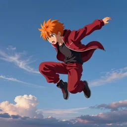 orange - haired anime boy, 1 7 - year - old anime boy with wild spiky hair, wearing red jacket, flying through sky, ultra - high jump, late evening, blue hour, cirrus clouds, pearly sky, ultra - realistic, sharp details, subsurface scattering, blue sunshine, intricate details, hd anime, 2 0 1 9 anime