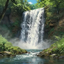 big waterfall in a forest with a river, direct sunlight, epic scale, detailed, sharp focus, anime style, by studio ghibli and kazuo oga, trending on arstation, dappled light