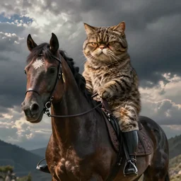 grumpy cat is mounted on horseback