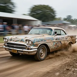 street photography by saul leiter and fred herzog and william eggleston, award winning photo of an ultra detailed intricate dirty vintage chevy car speeding very fast on mud, fast shutter speed, motion blur, tiny gaussian blur, highly detailed, highly intricate, depth of field, trending on top gear