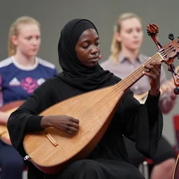 dark - skinned archer lute player playing the lute, hijab, victo ngai, kilian eng, lois van baarle