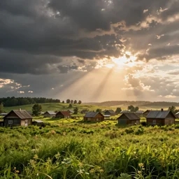 russian village, cinematic view, epic sky, detailed, concept art, low angle, high detail, warm lighting, volumetric, godrays, vivid, beautiful, trending on artstation, by jordan grimmer, huge scene, grass, art greg rutkowski