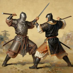 two medieval knight fighting by chang dai-chien painting style