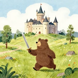 A cute chaotic bear in the countryside holding a sword and exploring a Swedish castle. illustrated by Tove Jansson, in the style of Moomin