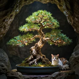 shimmering bonsai tree hidden in a cave with a cat laying next to it, cinematic lighting, beautiful, 4 k