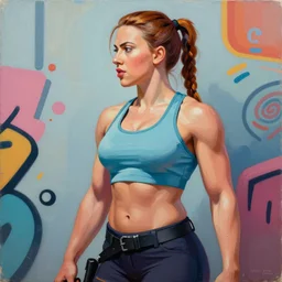 greg manchess portrait of scarlett johansson as roided thick female bodybuilder lara croft, fantasy, medium shot, asymmetrical, profile picture, organic painting, sunny day, matte painting, bold shapes, hard edges, street art, trending on artstation, by huang guangjian and gil elvgren and sachin teng