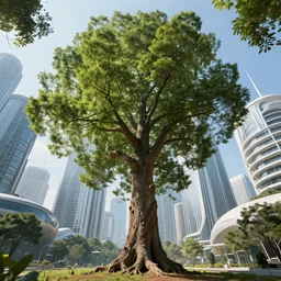 large old tall tree amongst the futuristic city beautiful Concept art