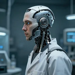a laboratory operator man with cybernetic enhancements, zoomed out portrait, scifi character portrait by greg rutkowski, craig mullins, daytoner, cinematic lighting, dystopian scifi gear, profile picture, mechanical, cyborg, half robot