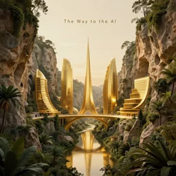 minimalistic movie poster fot the futuristic film the way to the ai, caves sculpted in mountain jungle cityscape golden buildings bridges overgrown vegetation algarve caves of benagil, golden buildings by santiago calatrava and zaha hadid, glowing reflections, at dusk, octane render redshift unreal engine, composition by by saul bass mike mignola drew struzan john alvin