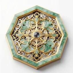 three dimensional multilayered patterns inside a hexagonal shape, intricate detail, complex, jade, gold, silver, obsidian, ornate,