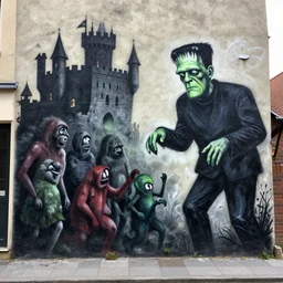 haunting by konstantin yuon, by michael ancher. the street art features a group of monsters who live in a castle & have to deal with frankenstein's monster.
