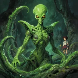 nyarlathotep with fleshy green tentacle by Anna Dittmann and by studio ghibli and Zdzislaw Beksinski, digital art, trending on artstation, HD, 8K, highly detailed, good lighting, beautiful, epic, masterpiece, surreal, detailed, sharp,-H 704