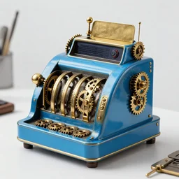 photo of a golden and blue metal steampunk robot made of an antique cash register with gears sitting in an office, on the office table and floor is a mountain of money bills, eyes are glowing red lightbulbs, moneybills all over the place, shiny crisp finish, 3 d render, 8 k, insaneley detailed, fluorescent colors, background is multicolored lasershow