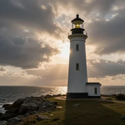 lighthouse at the dawn, cloudy sky, shores