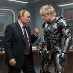 ultra realist and ultra intricate detailed soft painting of a metal Vladimir Putin fighting cyborg Boris Johnson in a futuristic office, sensual gloomy style, volumetric lighting, artstation, unreal render, depth of field