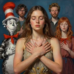 a beautiful portrait of a shaman with eyes closed touching her heart with arms crossed, symetrical, designed by dr seuss and michal karcz, by cyril rolando and asher durand and natalie shau and alex gray