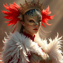 art by artgerm and greg rutkowski and ruan jia. a lonely elegant and grace female boss in elden ring. magic card art. sunny. rim light!! renaissance noble costume, masked!! feathers, sharp edges, stage light on shining crown, sense of awe. delicate features. gorgeous white, red. ultra realistic. ultra clear detailed